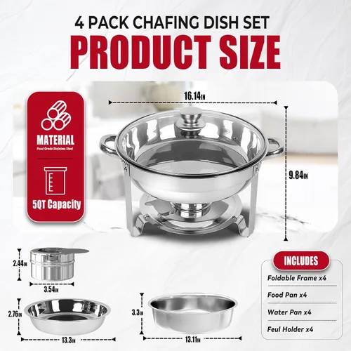 Vista 2 de IMACONE Juego de Bandejas Calentadoras de Buffet 4 Piezas, 5QT Redondas de Acero Inoxidable con Tapa de Vidrio para Catering, Conjuntos