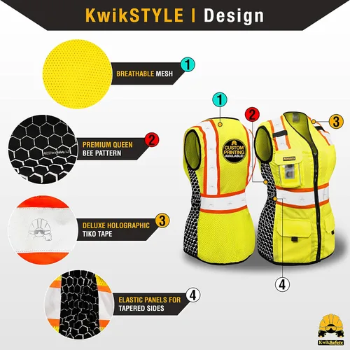 Vista 2 de KwikSafety QUEEN BEE - Chaleco de seguridad para mujer [amarillo, L] + paquete de casco duro de ala completa TORTOISE