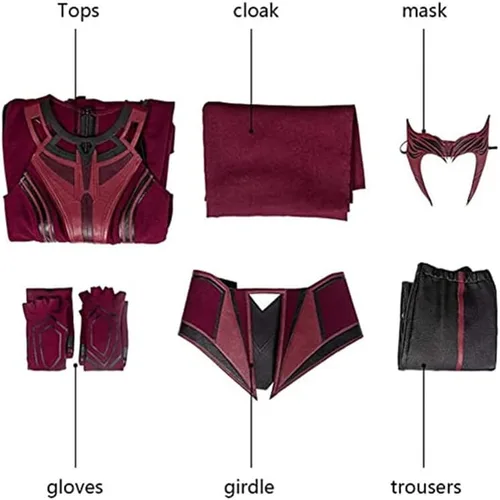 Vista 7 de Disfraz de Wanda Maximoff, vestido escarlata, corona de bruja, tocado, capa roja, pantalones, faja y guantes para Halloween, cosplay, conjunto