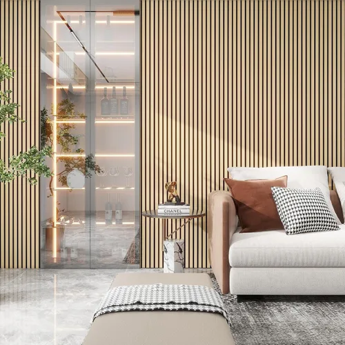 Vista 4 de Paneles de pared de chapa de madera acústica 3D para paneles de pared interior y techos, tablero de fieltro absorbente de sonido, paneles Roble
