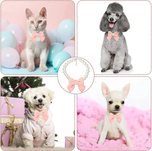 Vista 4 de LEIFIDE Collar de perlas para perro, joyería con colgante de lazo rosa, collares de perlas elegantes, collar ajustable para perros y gatos, collar