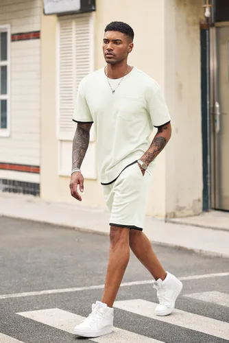 Vista 52 de COOFANDY Conjunto de camisa y pantalones cortos de gofre para hombre, conjunto de 2 piezas, conjunto casual de verano con bolsillos