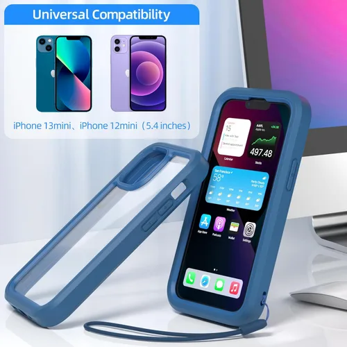 Vista 2 de WXR Funda para iPhone 13 mini/iPhone 12 Mini, parachoques de silicona suave y parte trasera de policarbonato duro transparente e interior de Azul