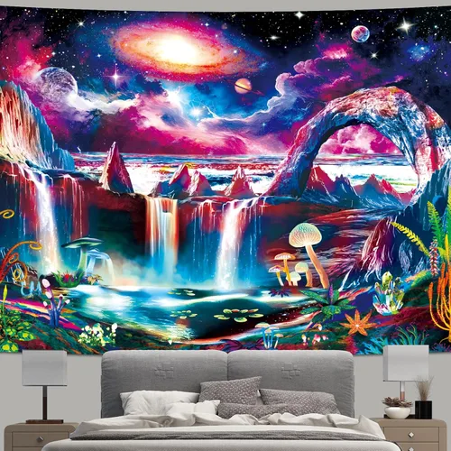 Vista 2 de Tapiz de luz negra, galaxia y planeta, tapiz reactivo a los rayos UV, tapiz de cascada de montaña para dormitorio, estético, ola misteriosa, lago