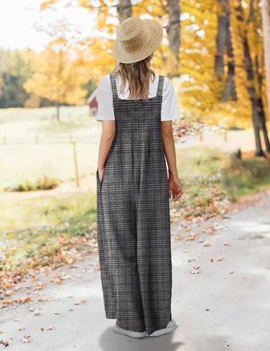 Vista 4 de YESNO - Enterizo holgado de estilo informal, overol con pantalones largos de pierna ancha, de algodón y con bolsillos, para mujer