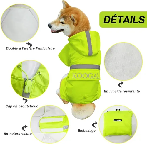 Vista 5 de Chaqueta Impermeable para Perros Poncho Ropa para Perros Impermeable para Mascotas para Perros de Tamaño Pequeño a Mediano (Amarillo Fluor, 2XL)