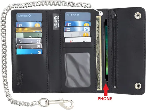 Vista 2 de Cartera de cuero de vaca de estilo largo vintage con bloqueo RFID para hombre, con cadena para tarjeteros, fabricada en Estados Unidos