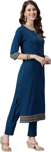 Vista 5 de Janasya Kurta de poli crepé para mujer con pantalón