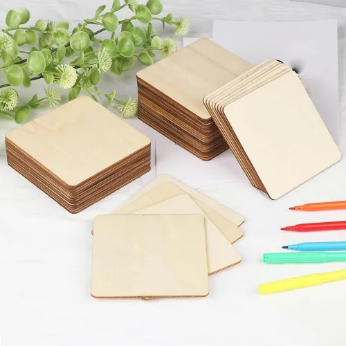 Vista 3 de 40 piezas cuadradas de madera sin terminar de 2.7 x 2.7 pulgadas, pequeños cuadrados de madera en blanco, posavasos de madera simples con recortes