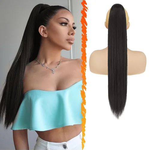 Vista 31 de Barsdar Extensión de cola de caballo marrón oscuro - Extensiones de cola de caballo cortas y rectas de 14 pulgadas con cordón para mujeres
