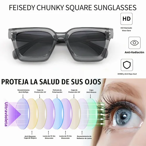 Vista 8 de FEISEDY Gafas de sol polarizadas para hombre y mujer, marco grueso cuadrado, rectangular, UV400, gafas de sol B2396 Marco gris transparente 003