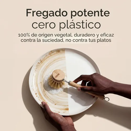 Vista 2 de Vove Cepillo de bambú para platos con 3 cabezales de repuesto, cepillo de cocina sin plástico para ollas, sartenes y platos, mango de bambú