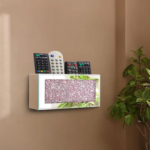 Vista 3 de Pibeyer Soporte de pared para control remoto con espejo, organizador remoto de diamante plateado aplastado, caja de almacenamiento decorativa
