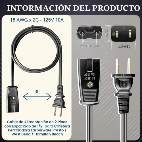 Vista 3 de HASMX Cable de alimentación de repuesto para percolador de 36 pulgadas para Presto Percolator 0281104 0281105 0261105, cable de 2 pines