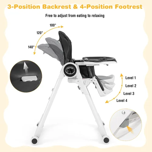 Vista 3 de BABY JOY Silla alta para bebés y niños pequeños, silla alta plegable con respaldo/reposapiés/altura del asiento, bandejas extraíbles dobles, cojín