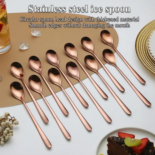 Vista 3 de Evanda Juego de 12 cucharas de té helado de mango largo de oro rosa, cucharaditas de acero inoxidable chapadas en titanio, cucharas para remover