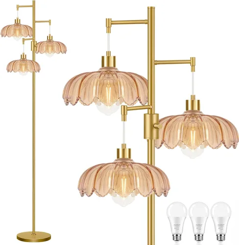 Vista 19 de ZECOXOL Lámparas de pie doradas para sala de estar dormitorio - Lámpara de pie de vidrio de 3 luces con tres bombillas LED, lámpara de pie alta