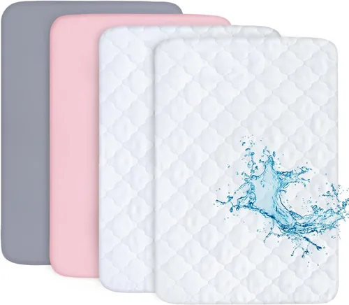 Vista 9 de Pack and Play - Juego de sábanas y protectores de colchón, paquete de 4, color gris 4-Piece Set: 2 Waterproof Quilted Covers + 2 Soft Sheets, Fits