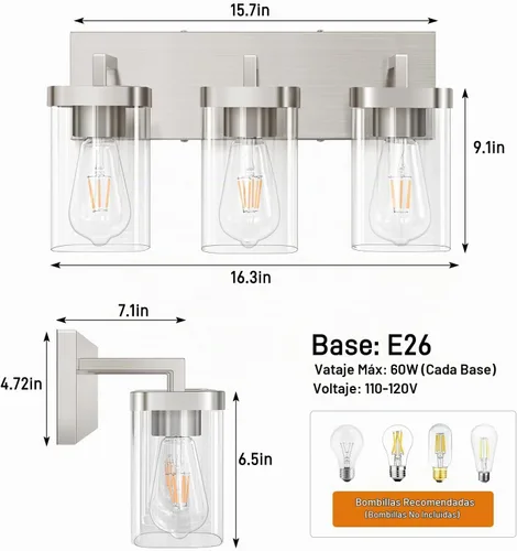 Vista 4 de Lámparas de baño de 3 luces sobre espejo, luces de tocador de níquel cepillado con pantalla cuadrada de vidrio transparente. Moderna lámpara