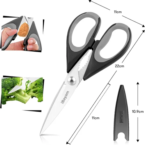 Vista 3 de iBayam - Tijeras de cocina de 8.5 pulgadas con funda, color negro Tijeras multiusos, utensilios de cocina para el hogar, herramientas de mariscos