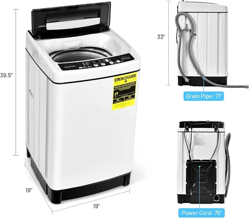 Vista 6 de COSTWAY - Lavadora portátil con capacidad de 11 libras, lavadora completamente automática con 8 programas de lavado, pantalla LED, 10 niveles