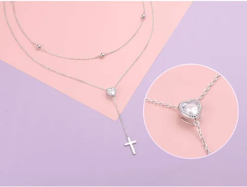 Vista 8 de FLYOW Collar en capas de plata de ley S925 con lágrima, doble gargantilla Y Lariat, collar de cadena larga, regalos de cumpleaños y Navidad