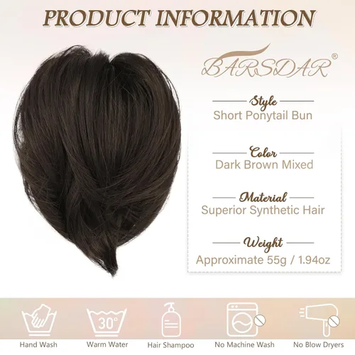 Vista 8 de BARSDAR Extensión de moño de cabello liso marrón oscuro + flequillo de clip de cabello humano