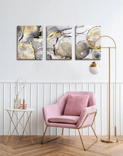 Vista 2 de Arte abstracto dorado para pared, 3 piezas, arte moderno enmarcado en blanco y negro, gris, oro, tinta fluida, anillos anuales, imágenes, lienzo