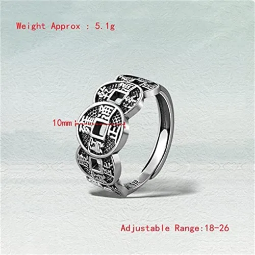 Vista 3 de Anillo de cobre Wufu con moneda de cinco emperadores, anillo de plata con índice retro de la suerte, anillo vintage ajustable para hombres