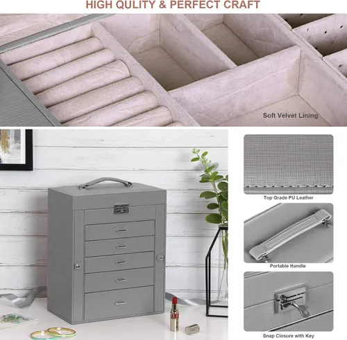 Vista 4 de ANWBROAD Caja de joyería grande de 6 niveles organizador de joyas con cerradura de espejo caja de joyería para niñas aretes anillos collares
