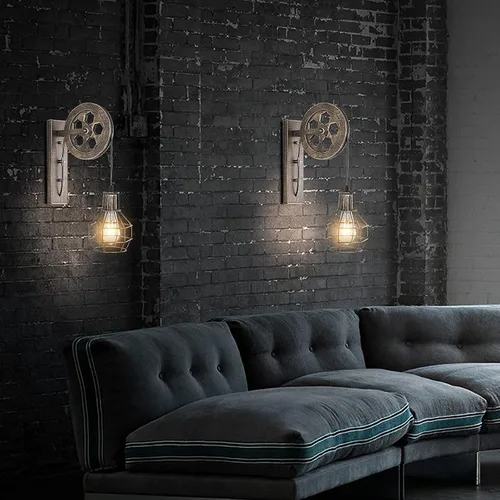 Vista 4 de 1 Luminaria Industrial de Mediados de Siglo Retro de Hierro para Pared con Polea Elevadora, Lámpara de Pared que Presenta Pantalla de Jaula