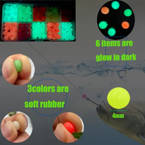 Vista 2 de Cuentas de plástico verde que brillan en la oscuridad, cuentas de goma suave para plataformas de pesca de agua dulce y salada