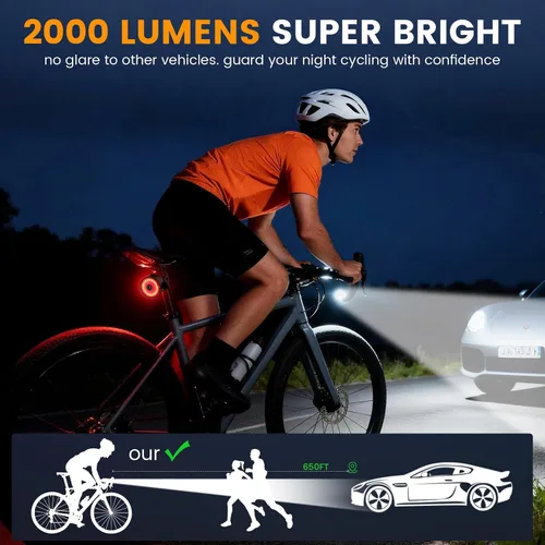 Vista 2 de Bike Light for Night Riding, 2000LM/1000LM Bicycle Headlight & Taillight, Multiple Modes,3000mAh/2000mAh USB C Rechargeable Waterproof LED Bright