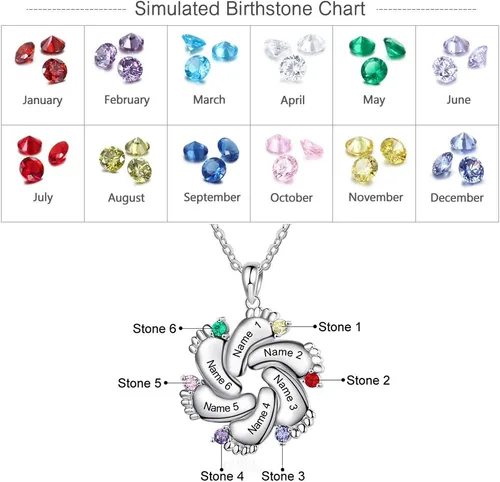 Vista 2 de ROSI - Collar personalizado con nombre de madre con 1-6 piedras natales, collar con colgante de pies de bebé, collar con dije con nombre grabado