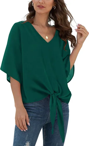 Vista 11 de VIISHOW Womens Tie Front Chiffon Blouses V Neck Batwing Short Sleeve Summer Tops Shirts Albaricoque