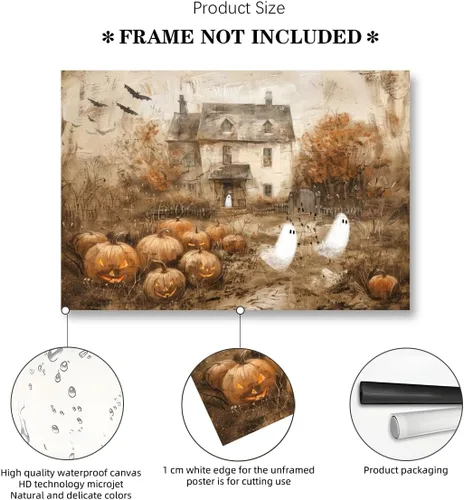 Vista 2 de Arte de pared vintage de Halloween embrujado de granja, parche de calabaza rústica con bonitos fantasmas, póster impreso en lienzo espeluznante