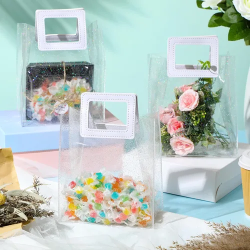 Vista 4 de Jetec 20 bolsas de regalo de PVC transparente blanco con asas a granel, bolsas de regalo de fiesta reutilizables para bodas, despedidas de soltera