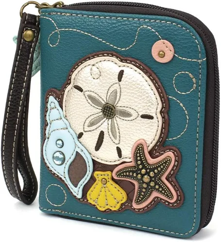 Vista 2 de CHALA Cartera con cremallera alrededor, pulsera, 8 ranuras para tarjetas de crédito, piel sintética resistente, Dólar de arena - Turquesa, Cartera