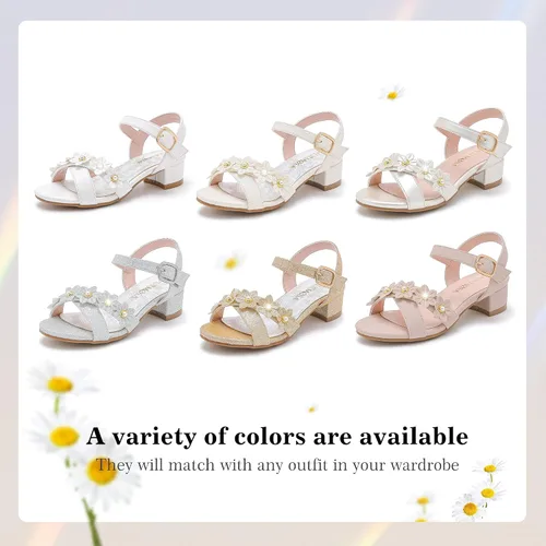 Vista 7 de Sandalias para niñas, tacones para niños, puntera abierta, correa al tobillo, zapatos de vestir, flores para boda, fiesta para niños pequeños