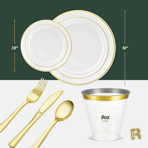 Vista 6 de R-kay Juego de vajilla de plástico dorado de 350 piezas para 50 invitados, platos de plástico dorado para fiestas, platos de fiesta y tazas