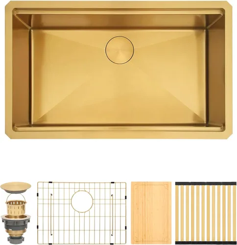 Vista 19 de Fregadero de barra dorada de 13 x 15 pulgadas, fregaderos de cocina dorados de acero inoxidable SUS304 de calibre 16 con accesorios, fregadero