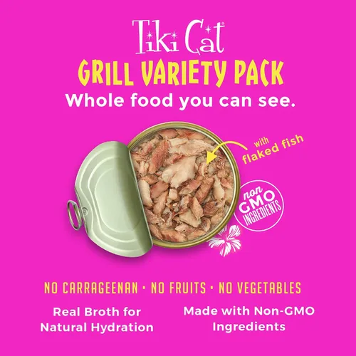 Vista 10 de Tiki Cat Grill - Alimento húmedo bajo en carbohidratos con mariscos enteros en caldo para gatos y gatitos adultos, 6 onzas, 8 unidades, variedad
