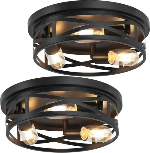 Vista 10 de Bosceos lámparas de techo de montaje empotrado de 2 luces, juego de 2 lámparas de techo de granja en negro, lámparas de techo de jaula de metal