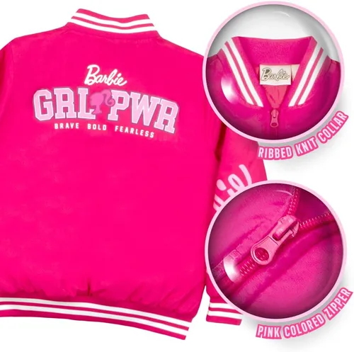 Vista 3 de Barbie Chaqueta bomber para niñas, chaqueta universitaria con cremallera y ropa de abrigo para niña
