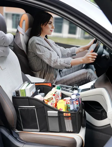 Vista 3 de YOHOOLYO Organizador de Asiento de Coche Organizador de Asiento Trasero de Coche con 4 Compartimentos, 4 Portavasos y 7 Bolsillos de Malla para Negro