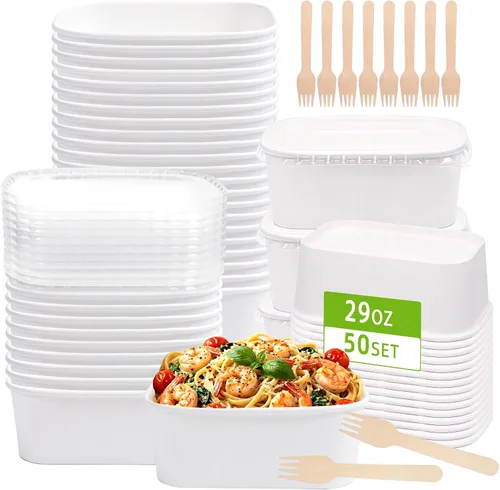 Vista 10 de Paquete de 50 recipientes de comida de papel de 19 onzas con tapas, recipientes de preparación de comidas, cuencos de papel grandes desechables