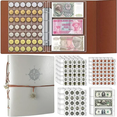 Vista 10 de Páginas de colección de monedas de 10 hojas, página de bolsillo para monedas con 120 bolsillos, fundas para carpetas de monedas con 9 agujeros