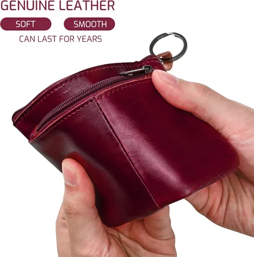 Vista 4 de Monedero de cuero genuino con triple cremallera para tarjetero con llavero, Rojo vino, Monedero