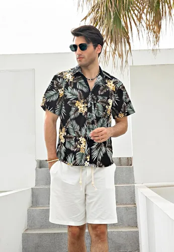 Vista 4 de Camisas hawaianas de manga corta para hombre, camisa Aloha casual con botones tropicales hawaianos florales de verano para fiesta en la playa
