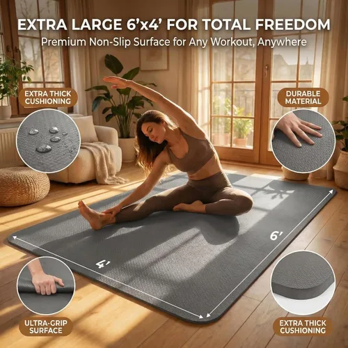 Vista 2 de Esterilla grande de yoga de 6'x 4' (72"x 48") — Esterilla de ejercicio extra ancha de 1/4" y 1/3" de 183cm x 122cm, gran esterilla de ejercicio